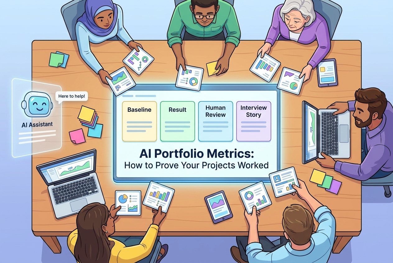 Cartoon professionals reviewing AI portfolio metrics on a project dashboard