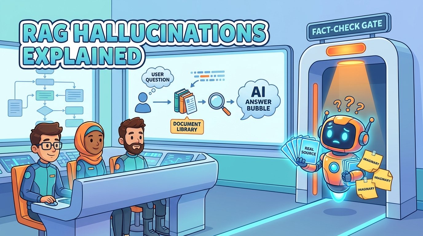 Cartoon-style team reviewing a RAG pipeline as a fact-check gate separates real source cards from imaginary AI notes