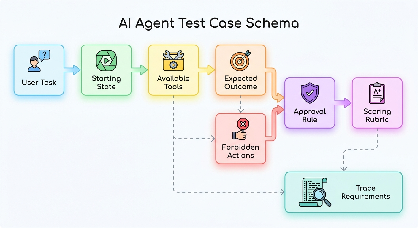 Clean flow diagram showing an AI agent test case schema from user task to starting state, tools, expected outcome, approval rule, rubric, and trace requirements