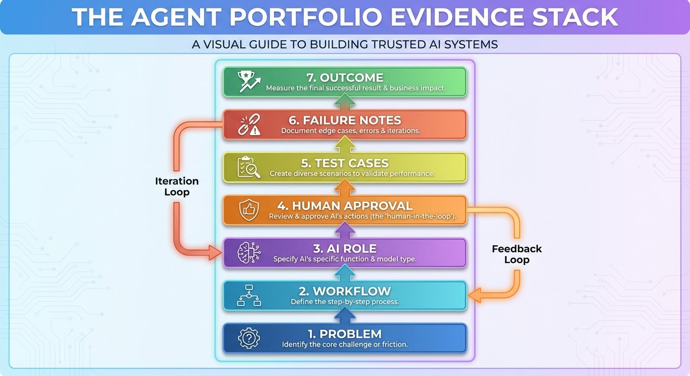Diagram showing the AI portfolio evidence stack from problem and workflow to AI role, human approval, tests, failures, and outcomes