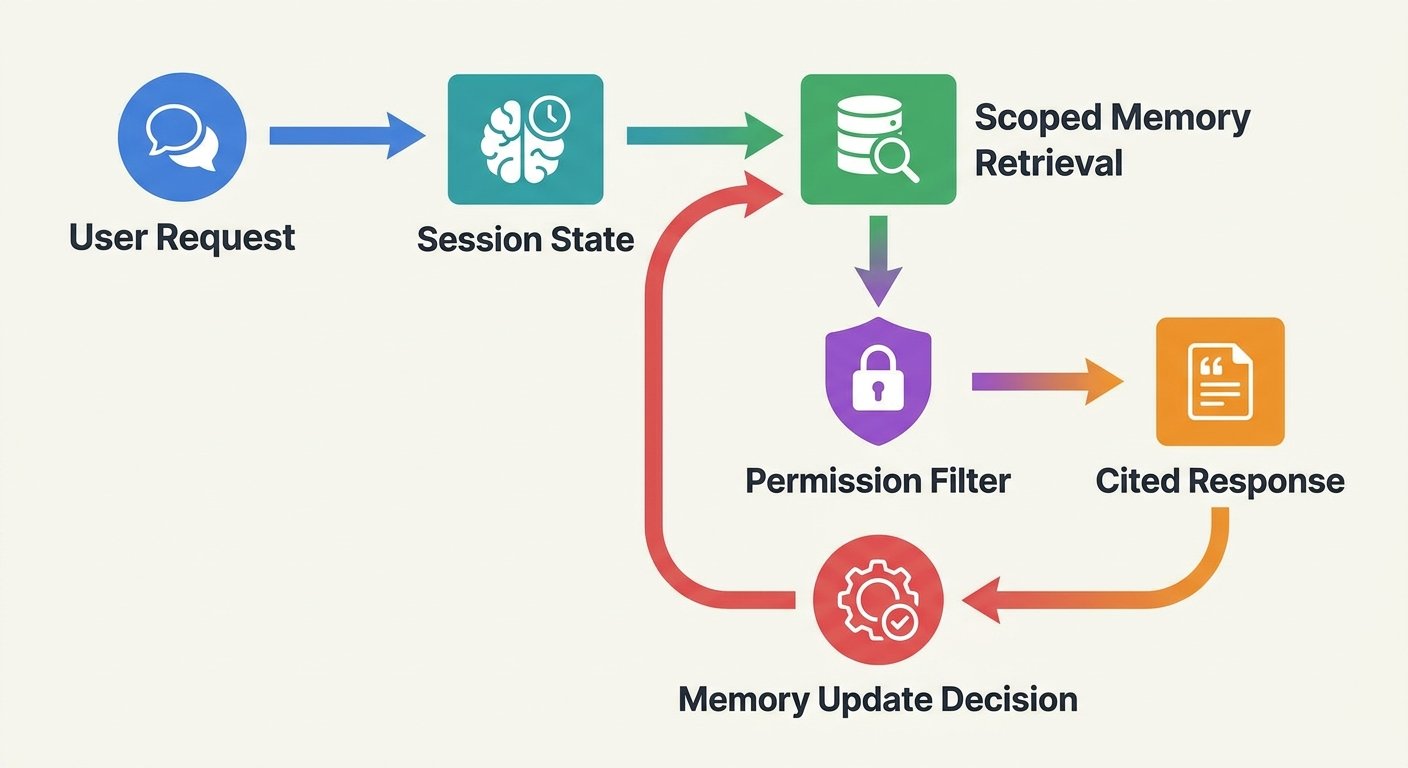Flow diagram showing user input session state retrieval store permission filter cited answer and memory update decision in an AI agent memory pipeline