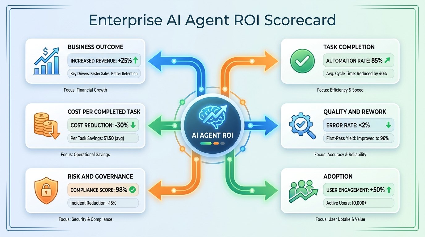 Infographic showing the five core measurement pillars in an AI agent ROI scorecard: business outcome, cost per completed task, quality, risk, and adoption