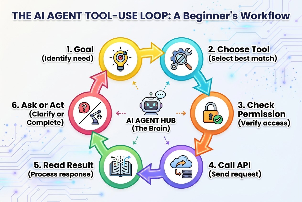 Diagram of the AI agent tool-use loop from goal to tool choice, permission, API call, result reading, and next decision