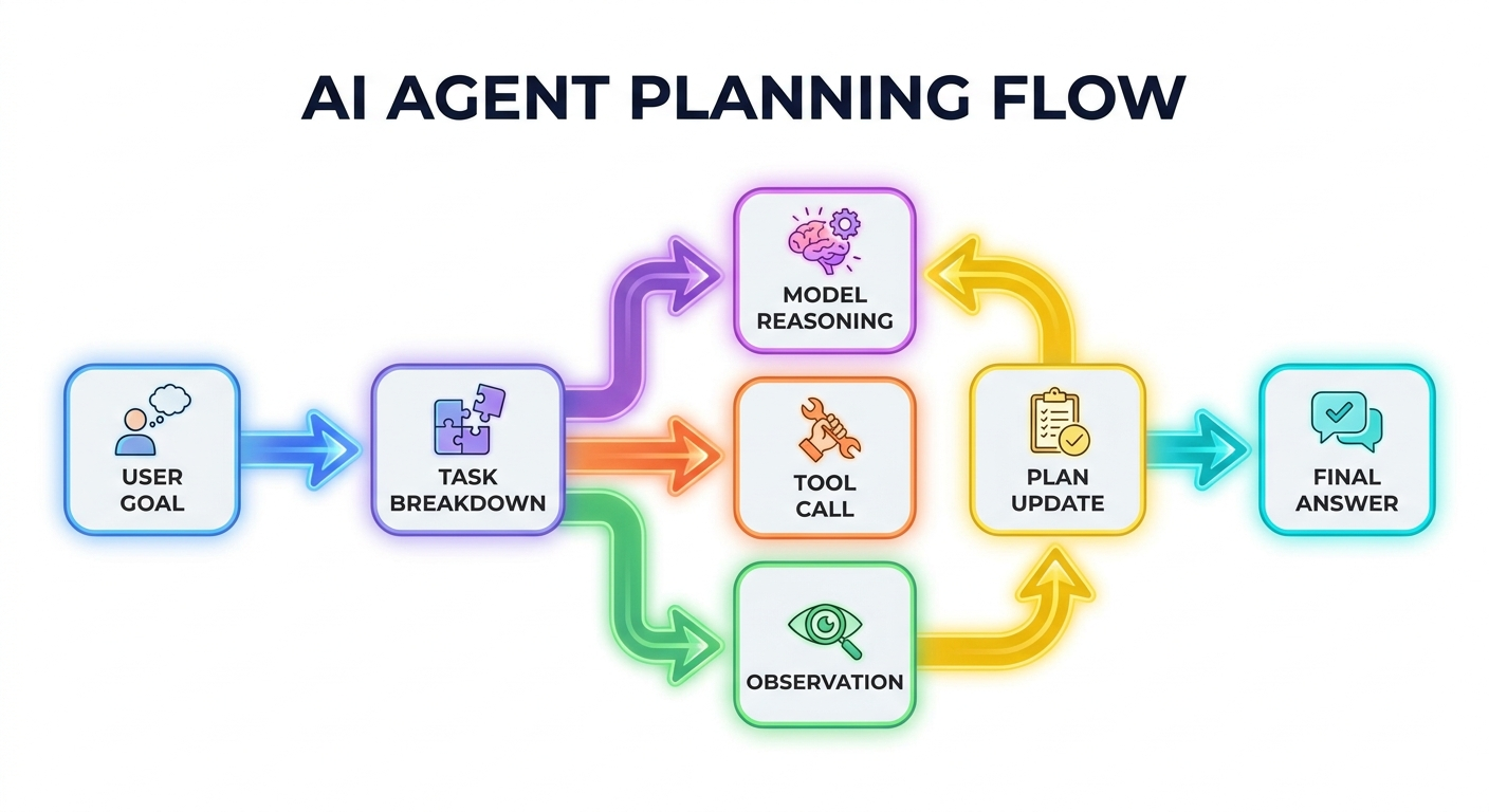 Flow diagram showing user goal, task breakdown, model reasoning, tool call, observation, plan update, and final answer