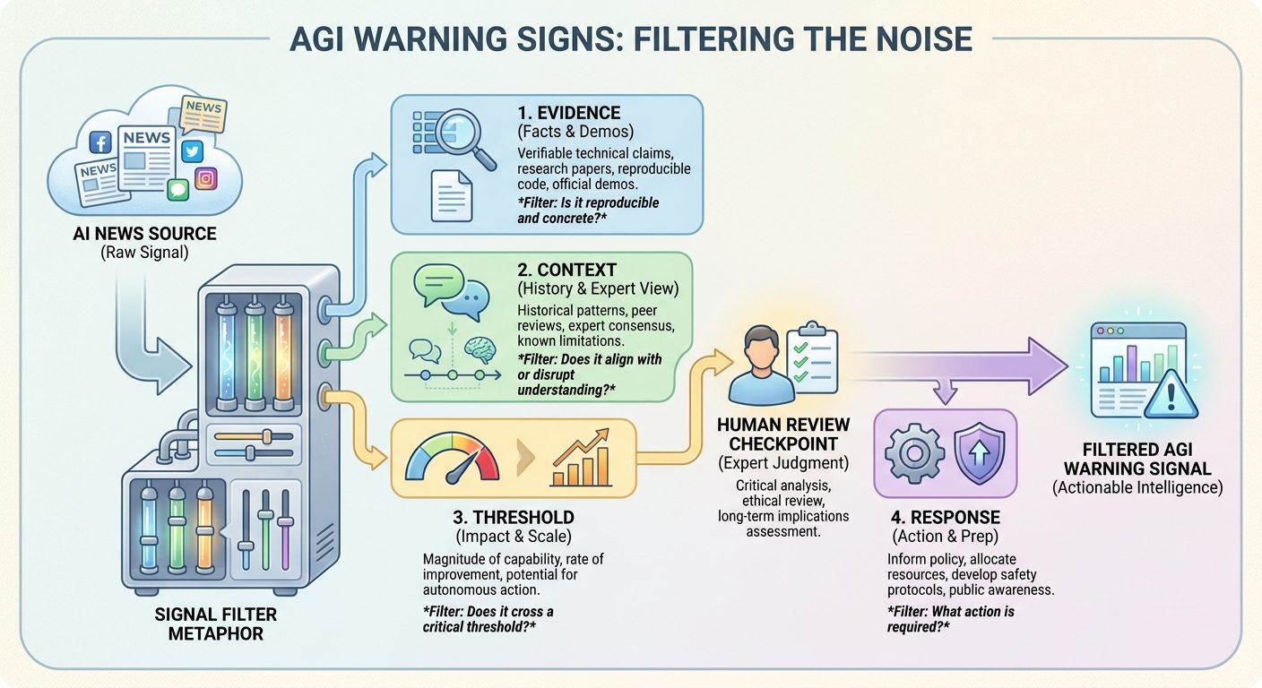Flow diagram showing how to filter AGI readiness evidence through context, thresholds, and response