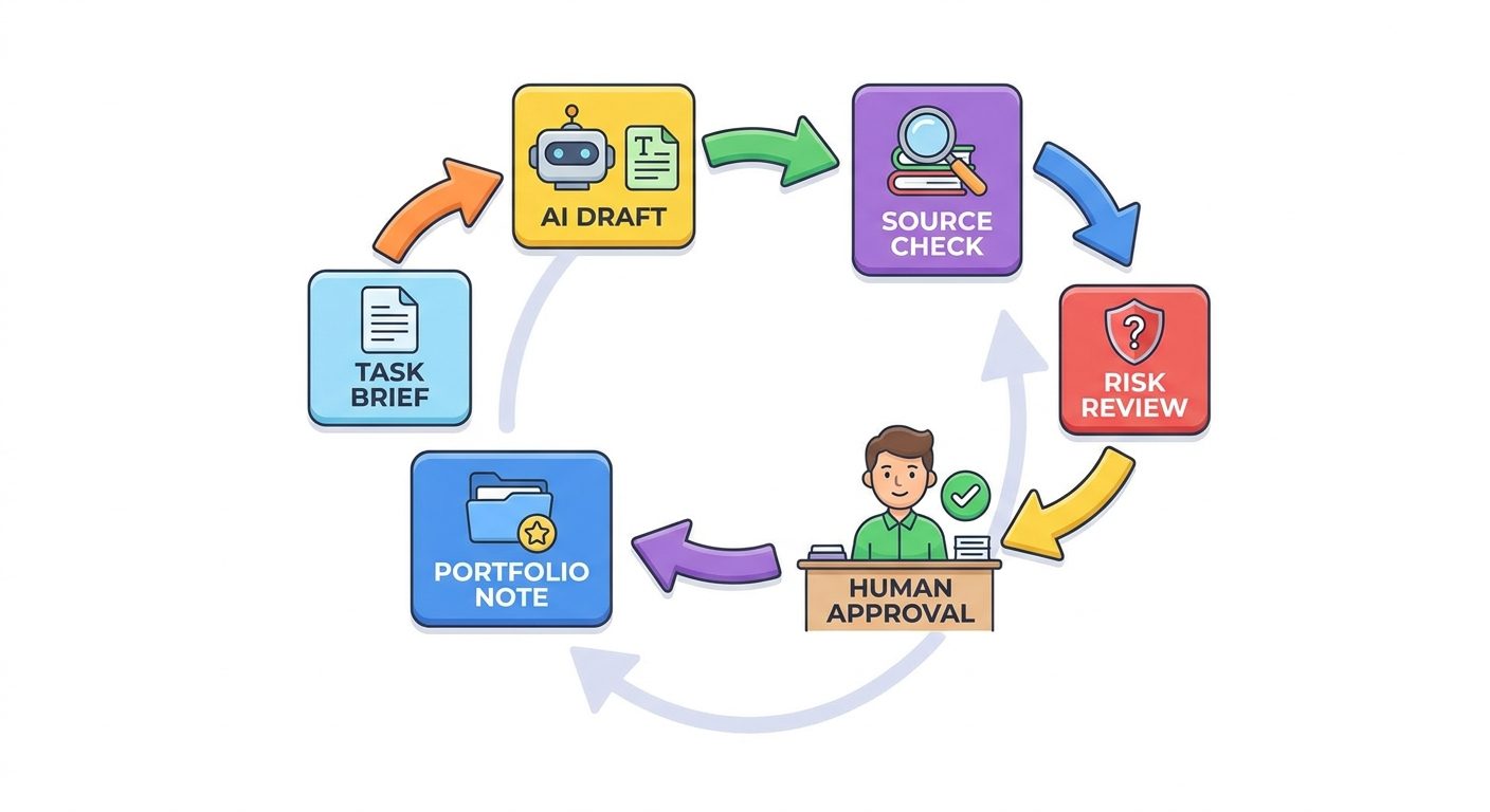 Flow diagram showing an AI output review loop from task brief to AI draft, source check, risk review, human approval, and portfolio note