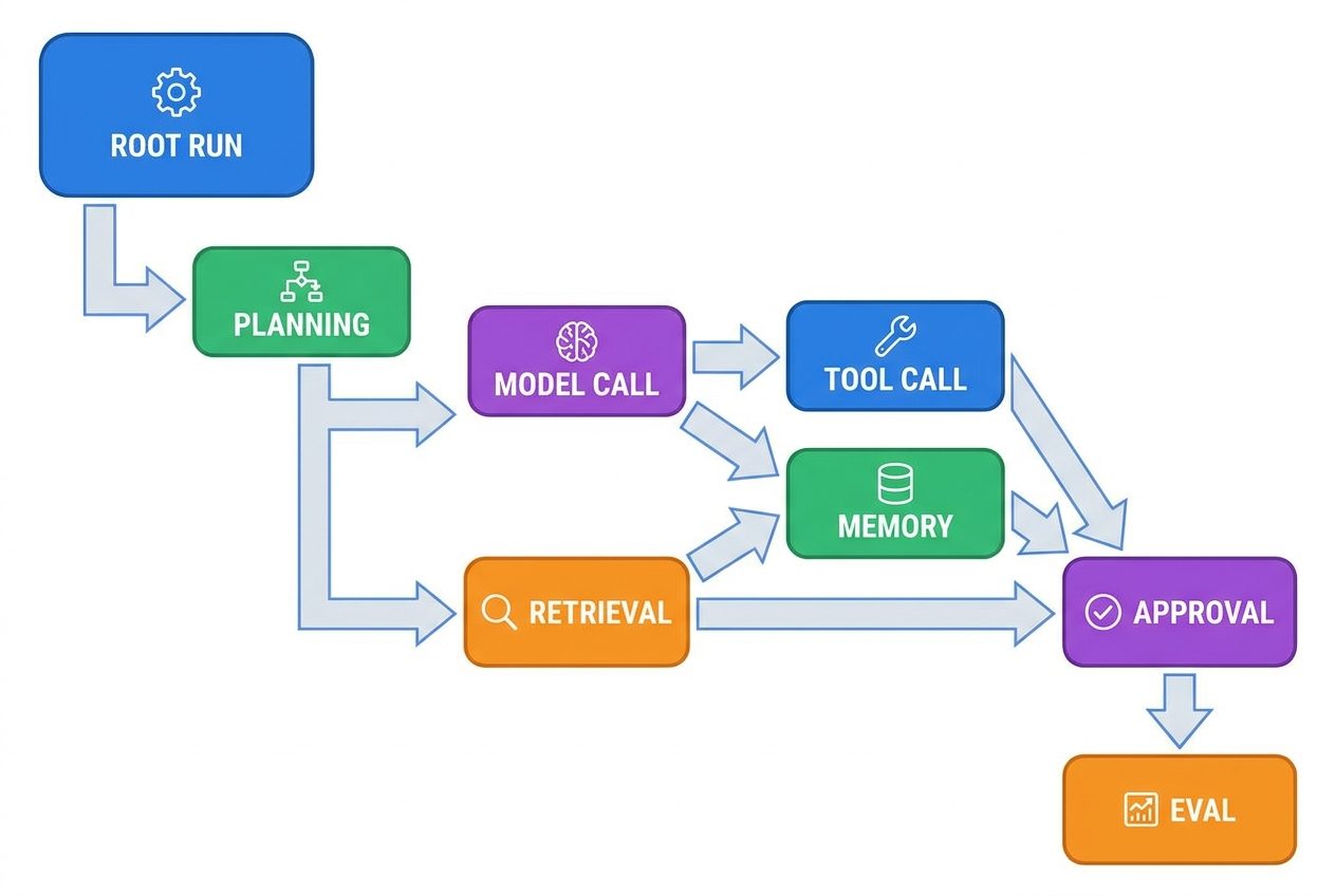 Colorful flow diagram showing one AI agent trace split into planning, model call, retrieval, tool use, memory, approval, and evaluation spans