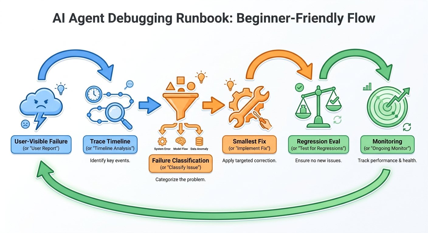 Flow diagram showing the AI agent debugging loop from user-visible failure to trace inspection, failure classification, smallest fix, regression eval, and monitoring