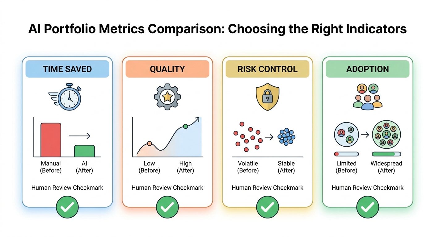 Table showing AI portfolio metrics across baseline, evidence, and interview use