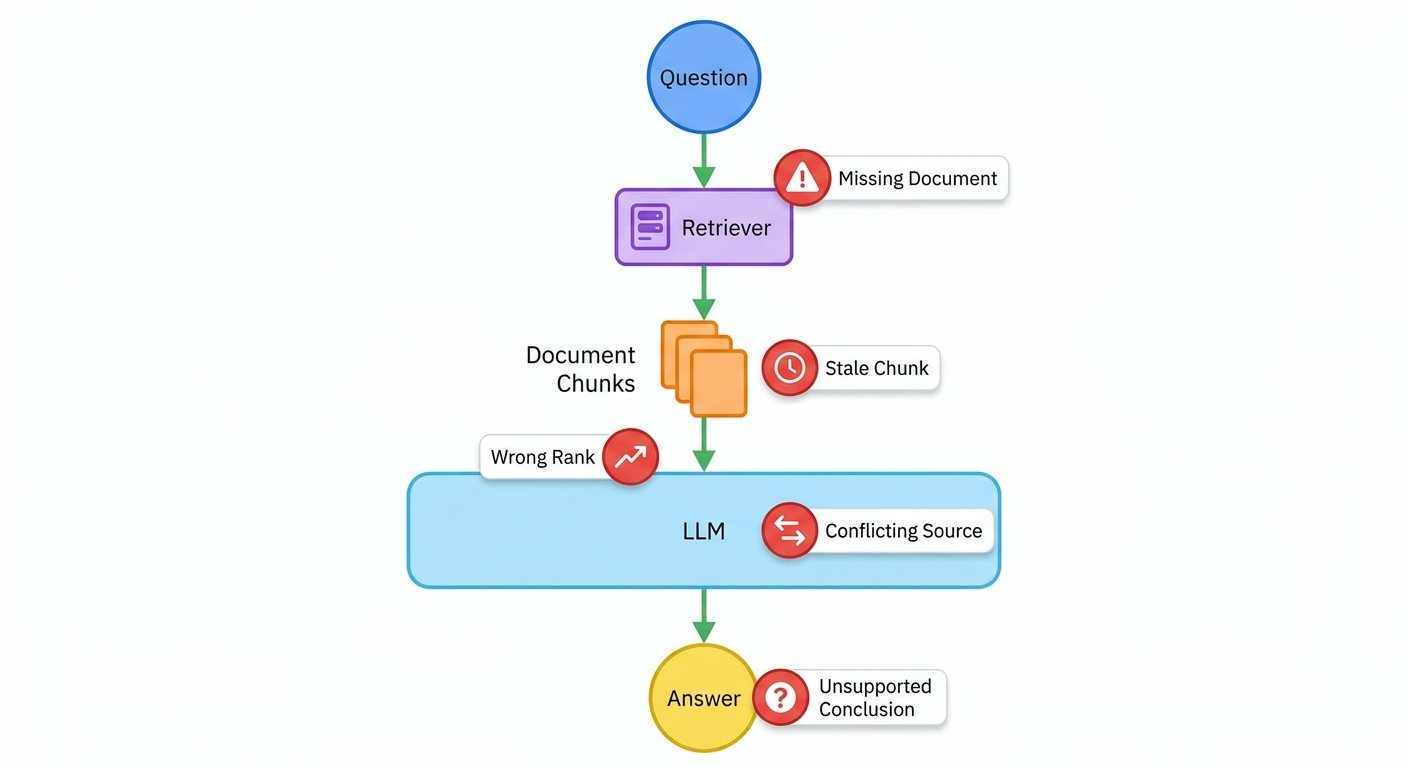 Flow diagram showing common RAG hallucination failure points including missing documents, stale chunks, wrong rank, conflicting source, and unsupported answer