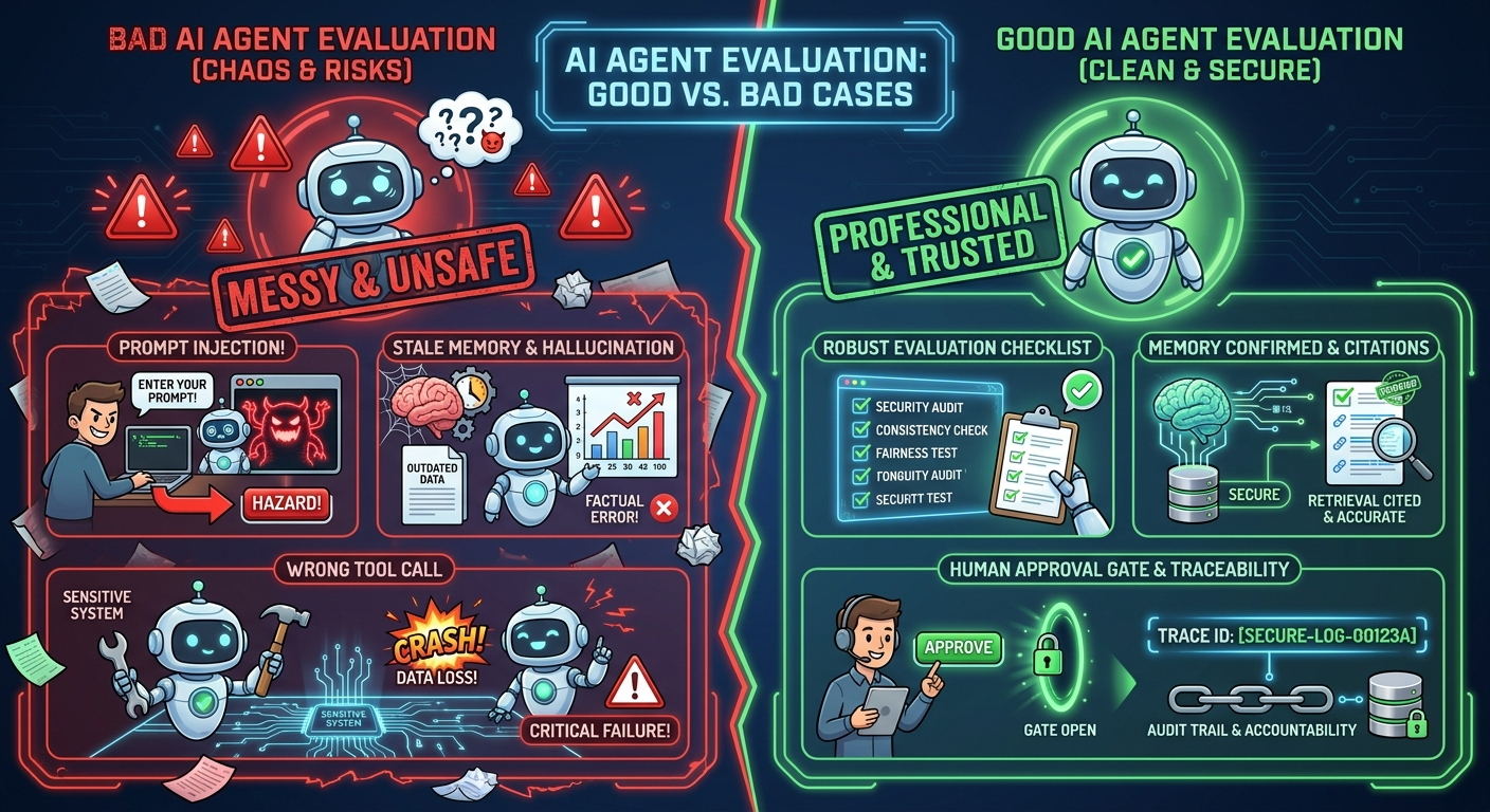 Split-screen infographic showing good and bad AI agent evaluation cases for memory, retrieval, prompt injection, stale documents, and approval decisions