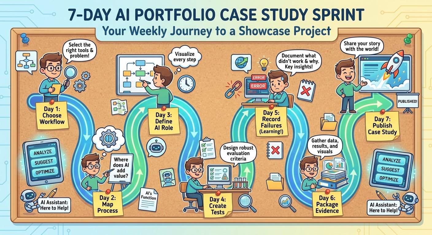 Seven-day AI portfolio case study sprint showing project selection, workflow mapping, building, testing, failure notes, packaging, and publishing