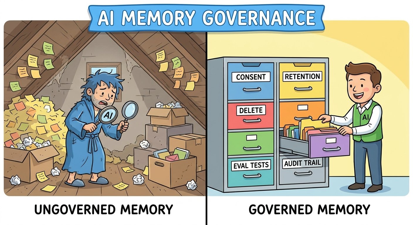 Split screen illustration comparing messy AI memory hoarding with a tidy governed memory system using consent retention eval tests deletion and audit logs