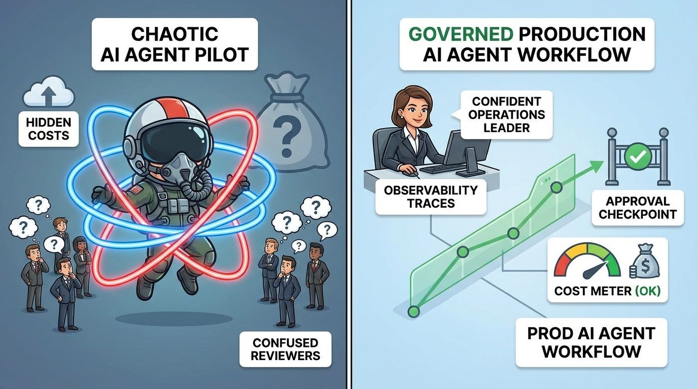Split-screen illustration comparing chaotic AI agent pilot theater with governed production AI agent ROI measurement