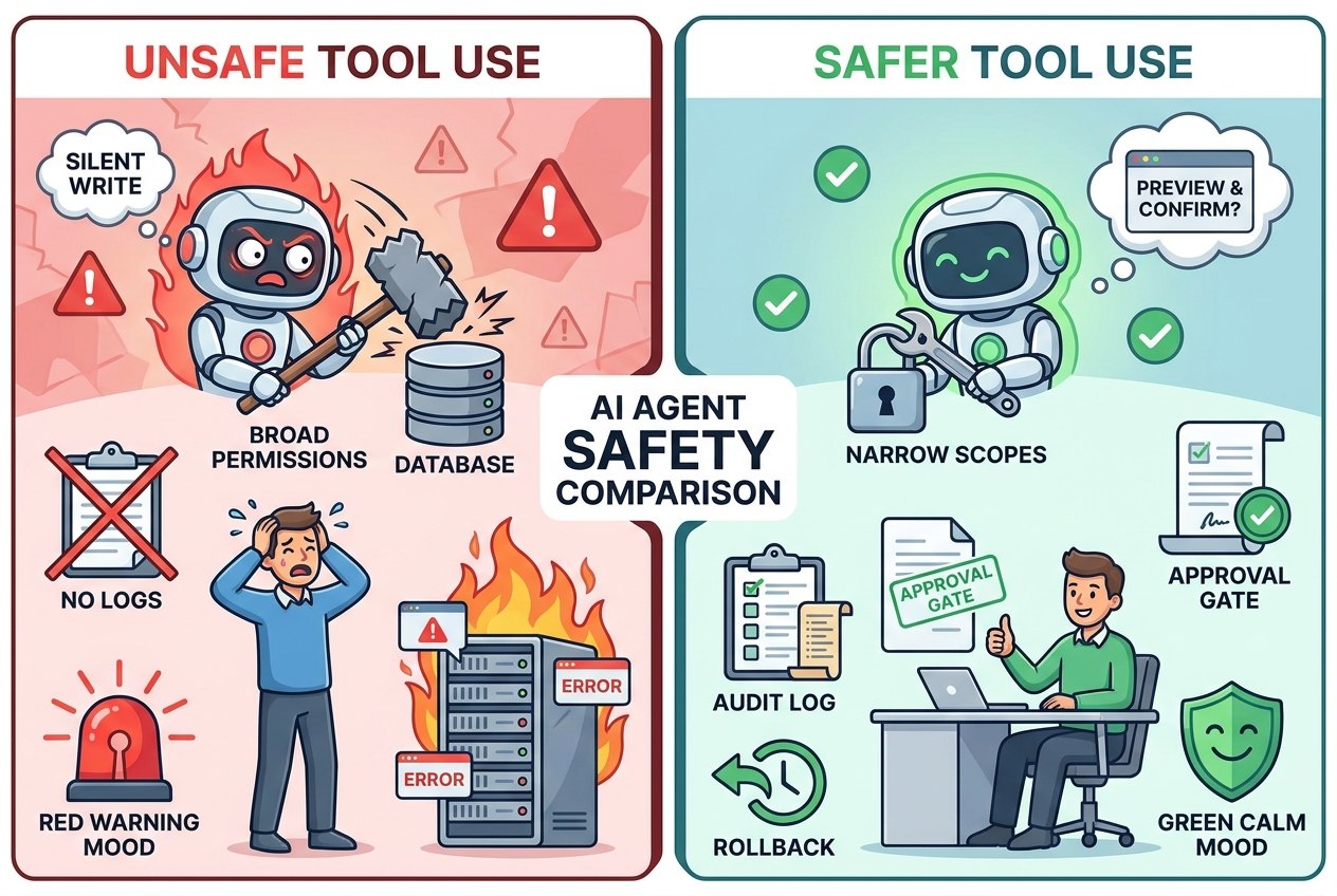 Split-screen comparison of unsafe AI agent tool use versus safer tool use with scopes, previews, approvals, and logs