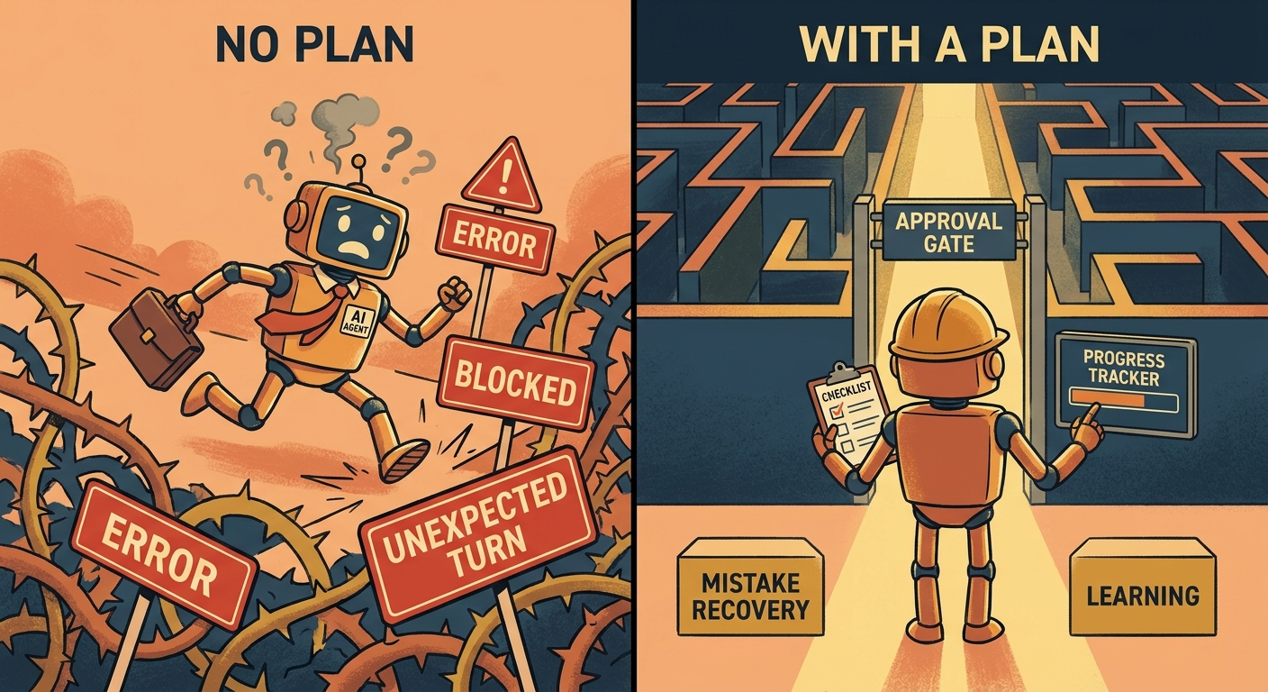 Split screen cartoon showing an AI agent failing without a plan and succeeding with a checklist and approval gate