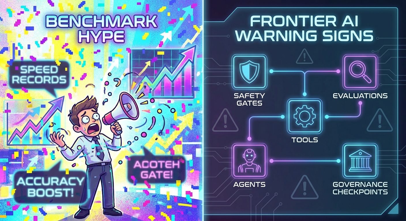 Split-screen comparison of benchmark hype versus real coordinated AGI warning signs