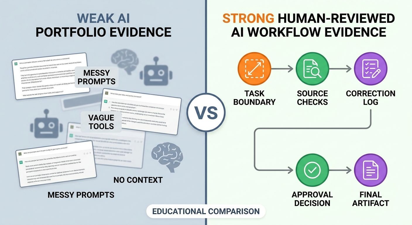 Split-screen comparison of weak AI portfolio evidence and strong human-reviewed AI workflow evidence