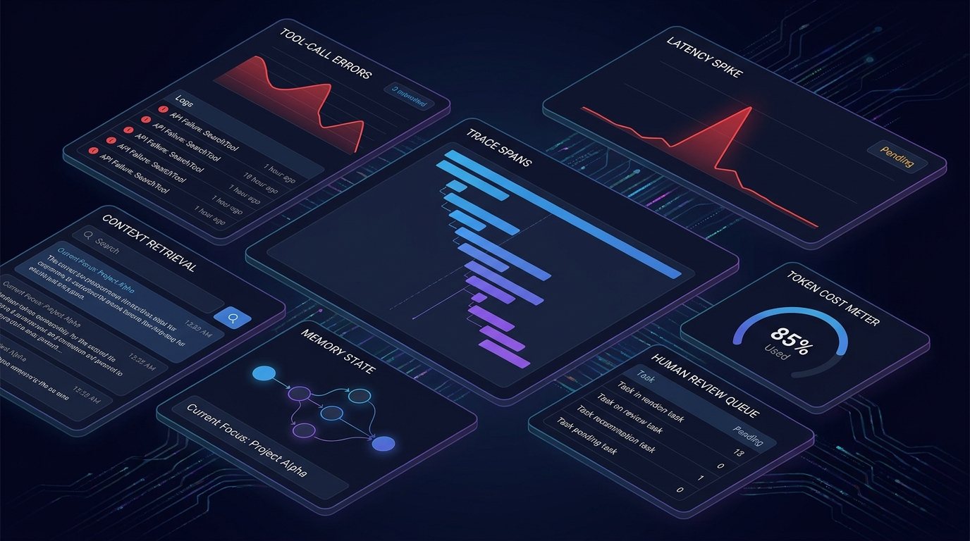 Isometric AI agent observability dashboard with trace timelines, latency spikes, token cost meter, tool errors, retrieval context, and human review queue