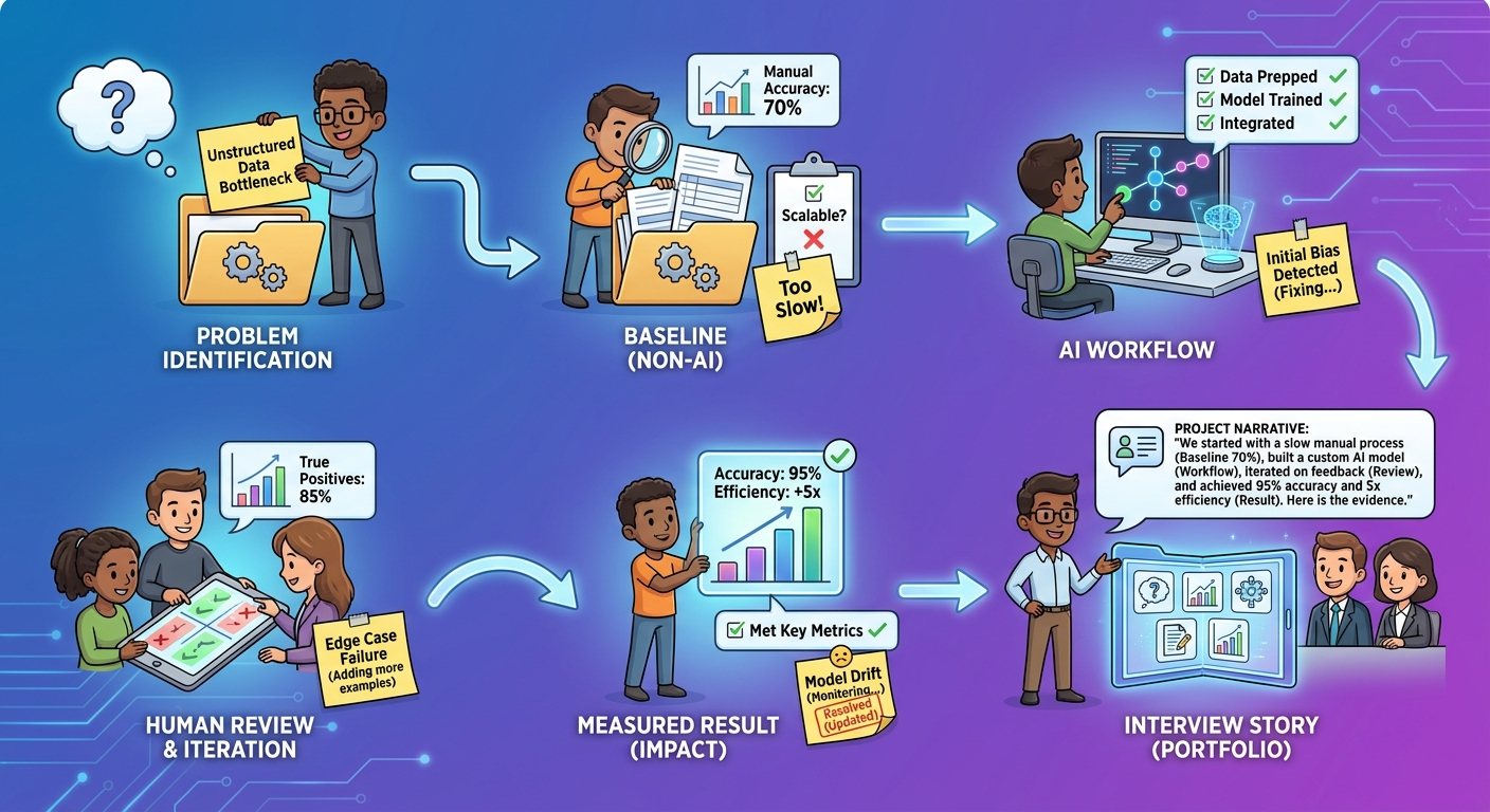 Workflow diagram showing how AI portfolio proof moves from problem to baseline, AI workflow, measured result, and interview story