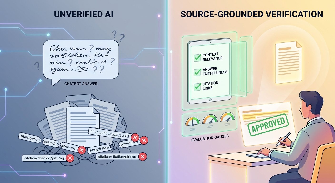 Split-screen illustration of verifying source-grounded AI answers with source cards, citation checks, answer faithfulness, and human review