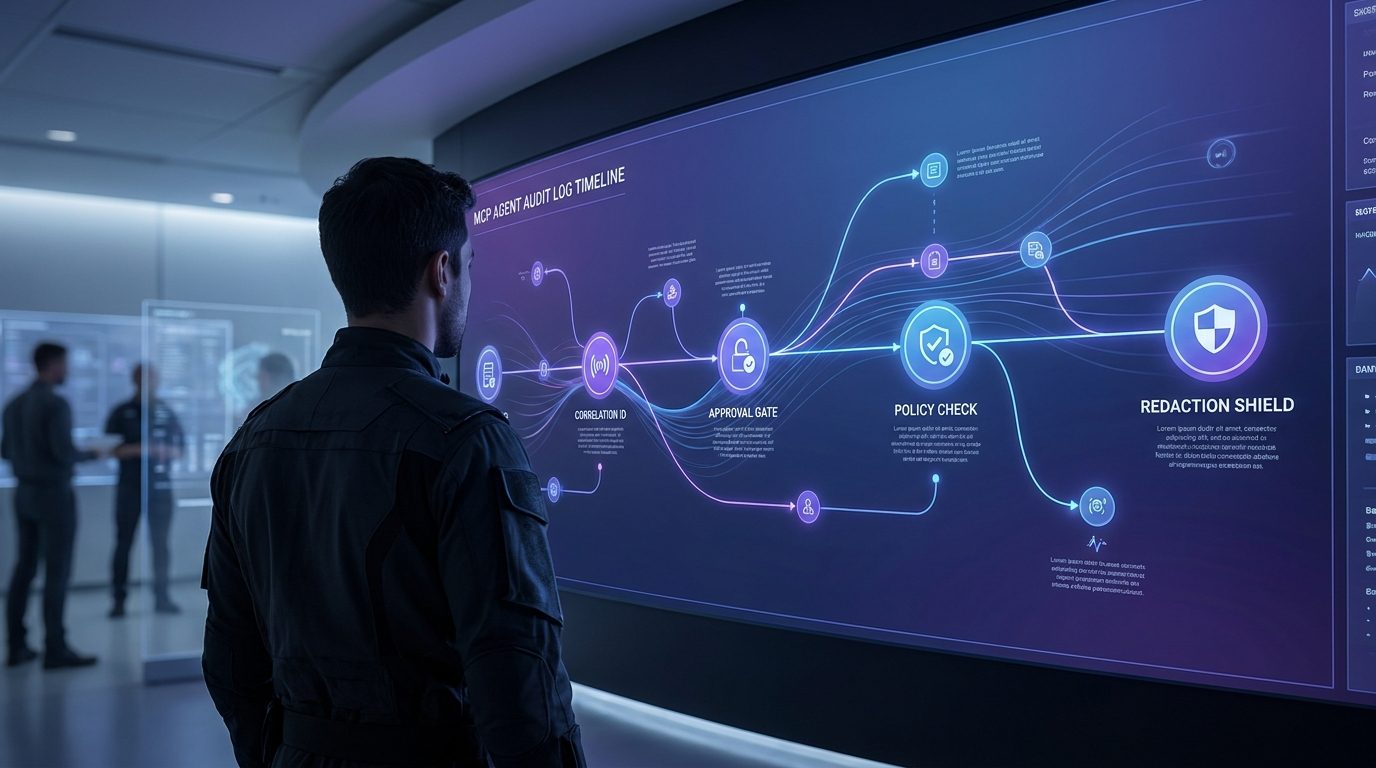 Security operations room showing MCP agent tool-call audit logs connected to approval gates and policy checks