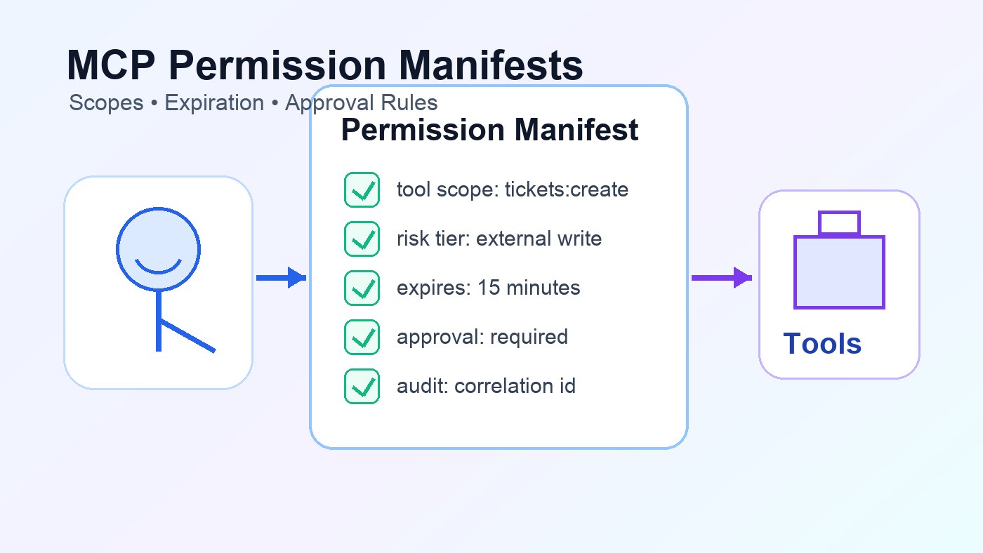 AI agent separated from MCP tools by a permission manifest with scopes expiration and approval gates