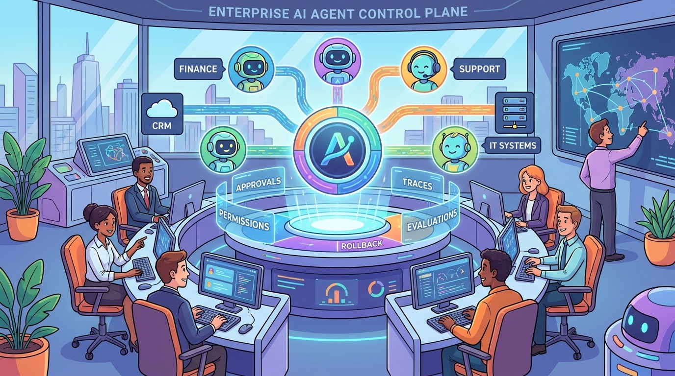 Enterprise team supervising AI agents through a central control plane dashboard