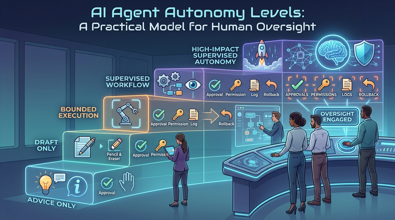 Cartoon-style professional control room showing AI agent autonomy levels and human oversight increasing across a ladder