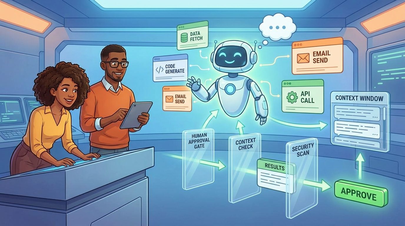 Developers supervising an AI agent choosing tools through schemas, permission gates, context windows, and approval checkpoints