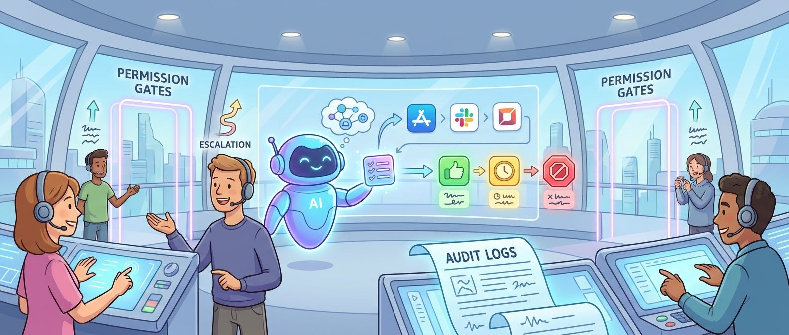 Cartoon operations room showing people approving AI agent workflow actions through permission gates and audit logs