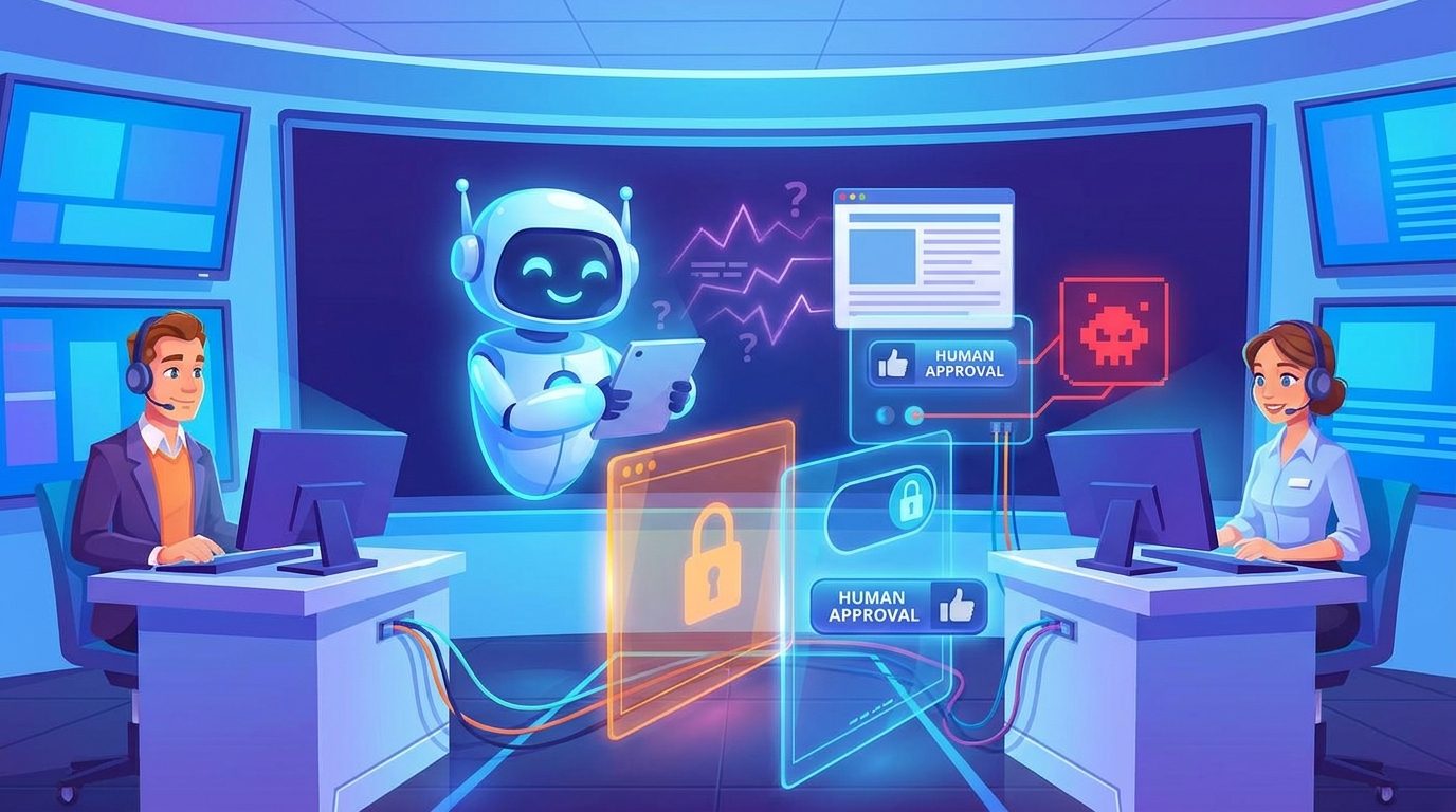 Cartoon humans supervising an AI agent while guardrail gates block hidden prompt injection instructions