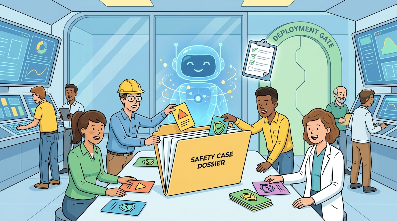 Cartoon-style AI safety review team assembling an evidence dossier before a frontier AI deployment gate