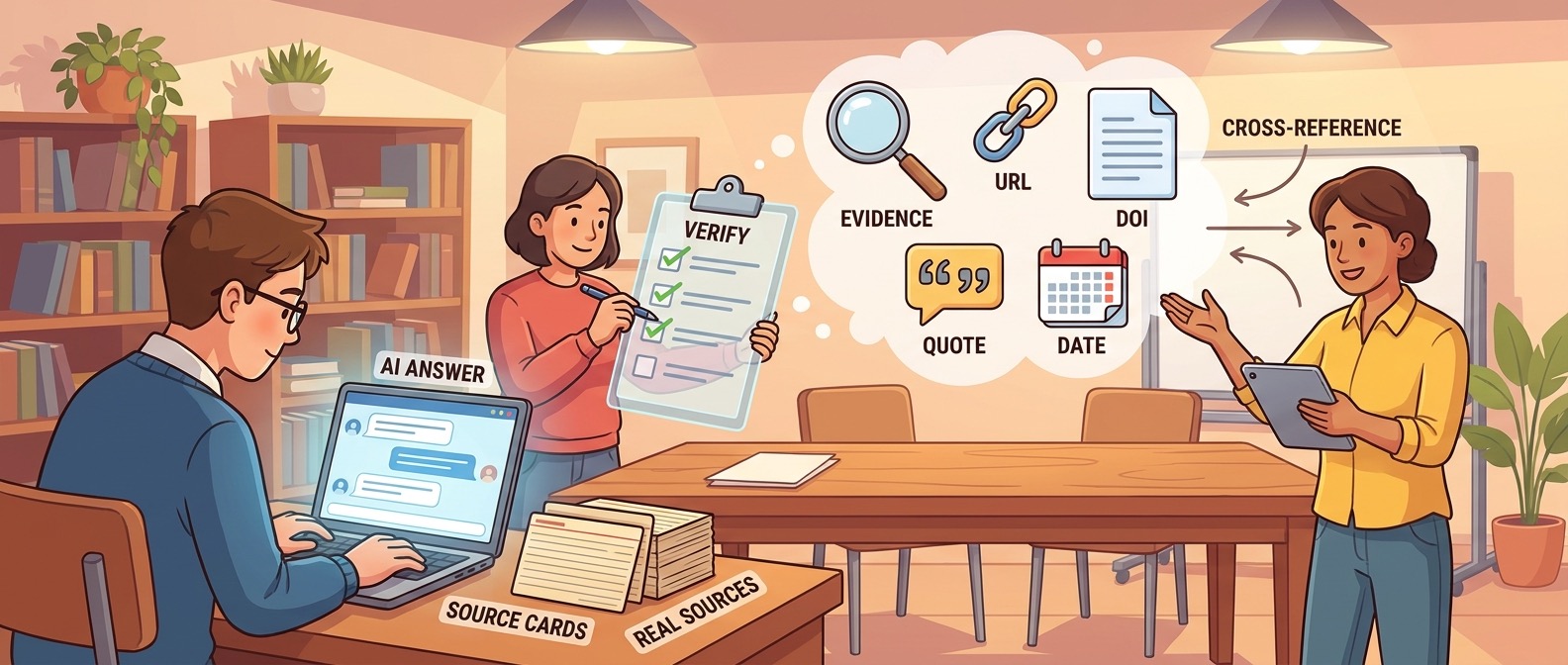 Cartoon researchers checking AI citations against real source cards and a verification checklist