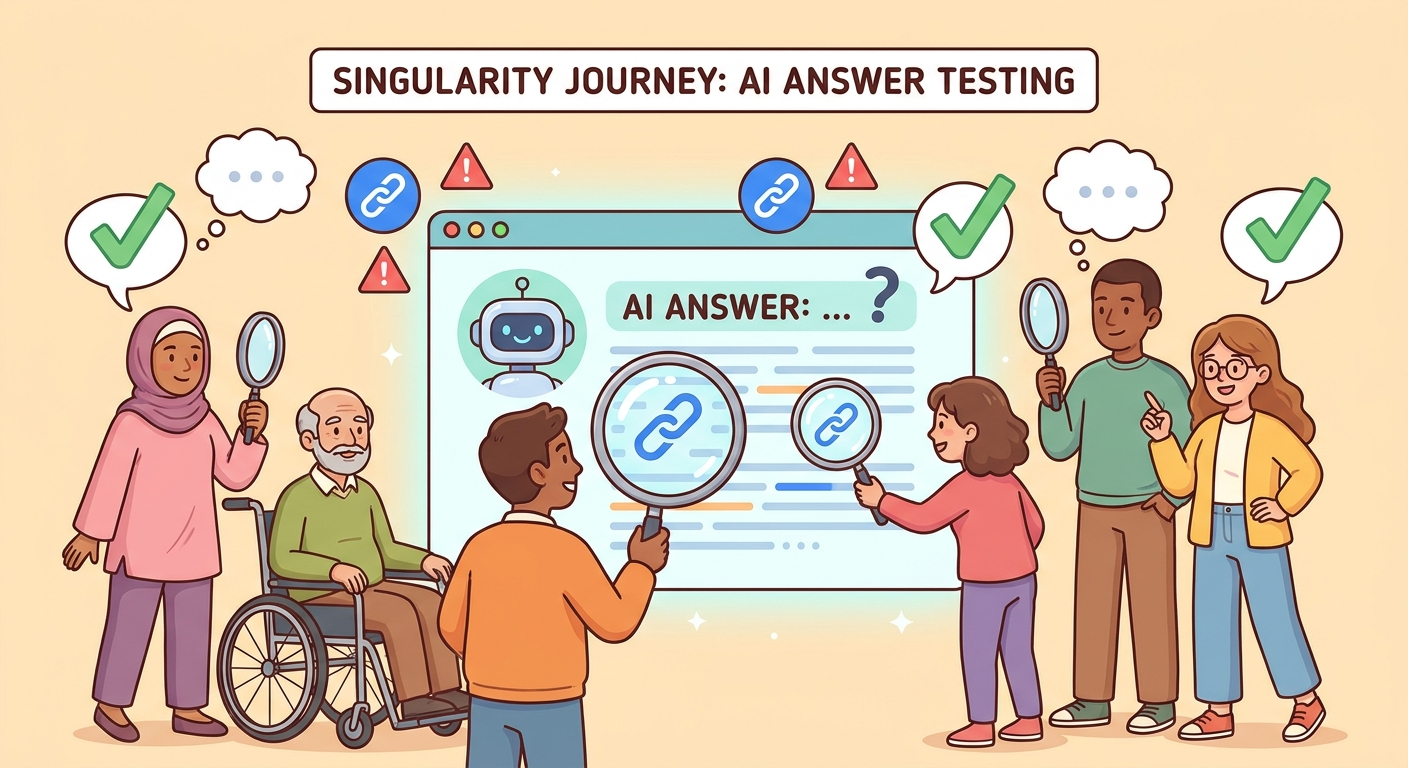 Cartoon people inspecting an AI answer for hallucinations with source checks and warning flags