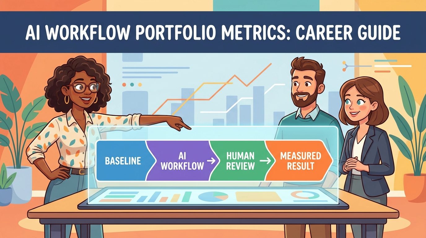 Cartoon job seeker presenting AI workflow portfolio metrics to hiring managers