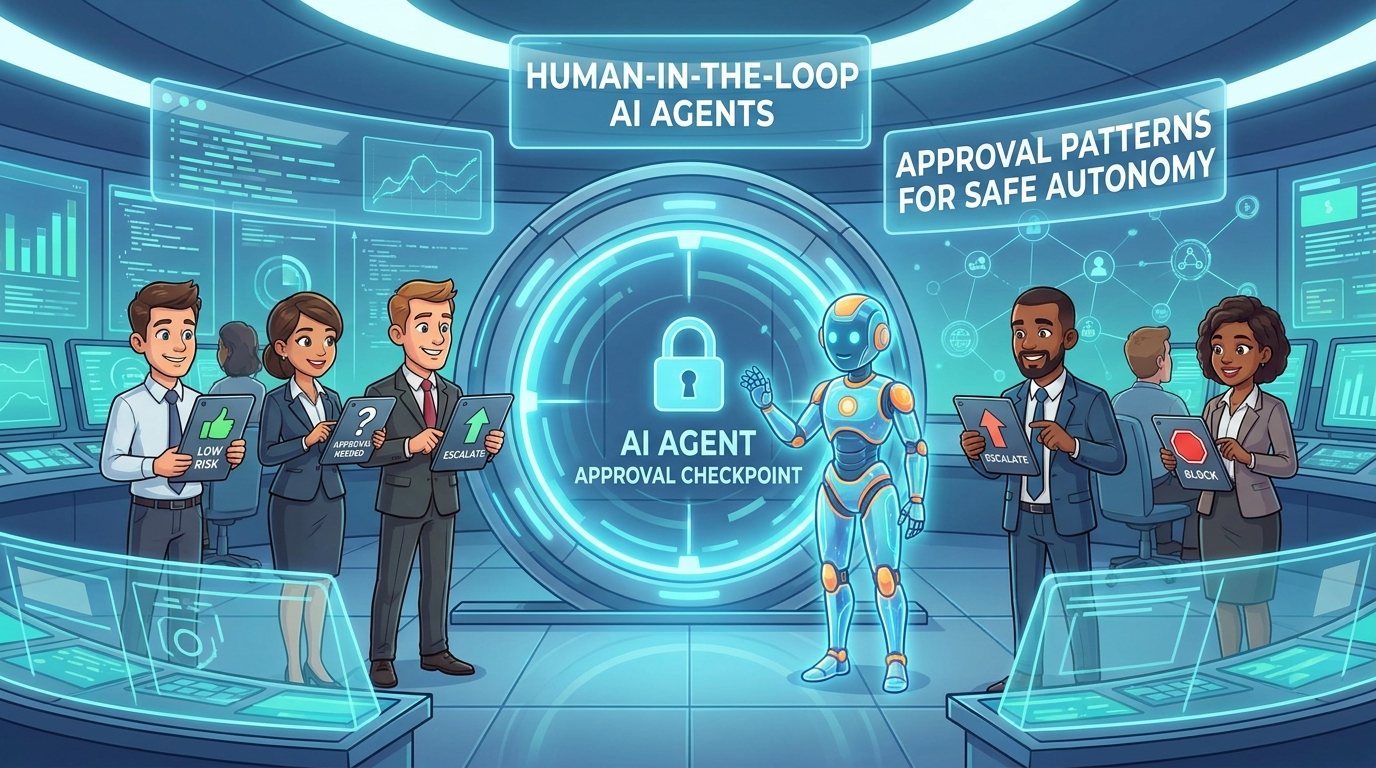 Cartoon-style team reviewing a glowing AI agent approval checkpoint before the agent acts