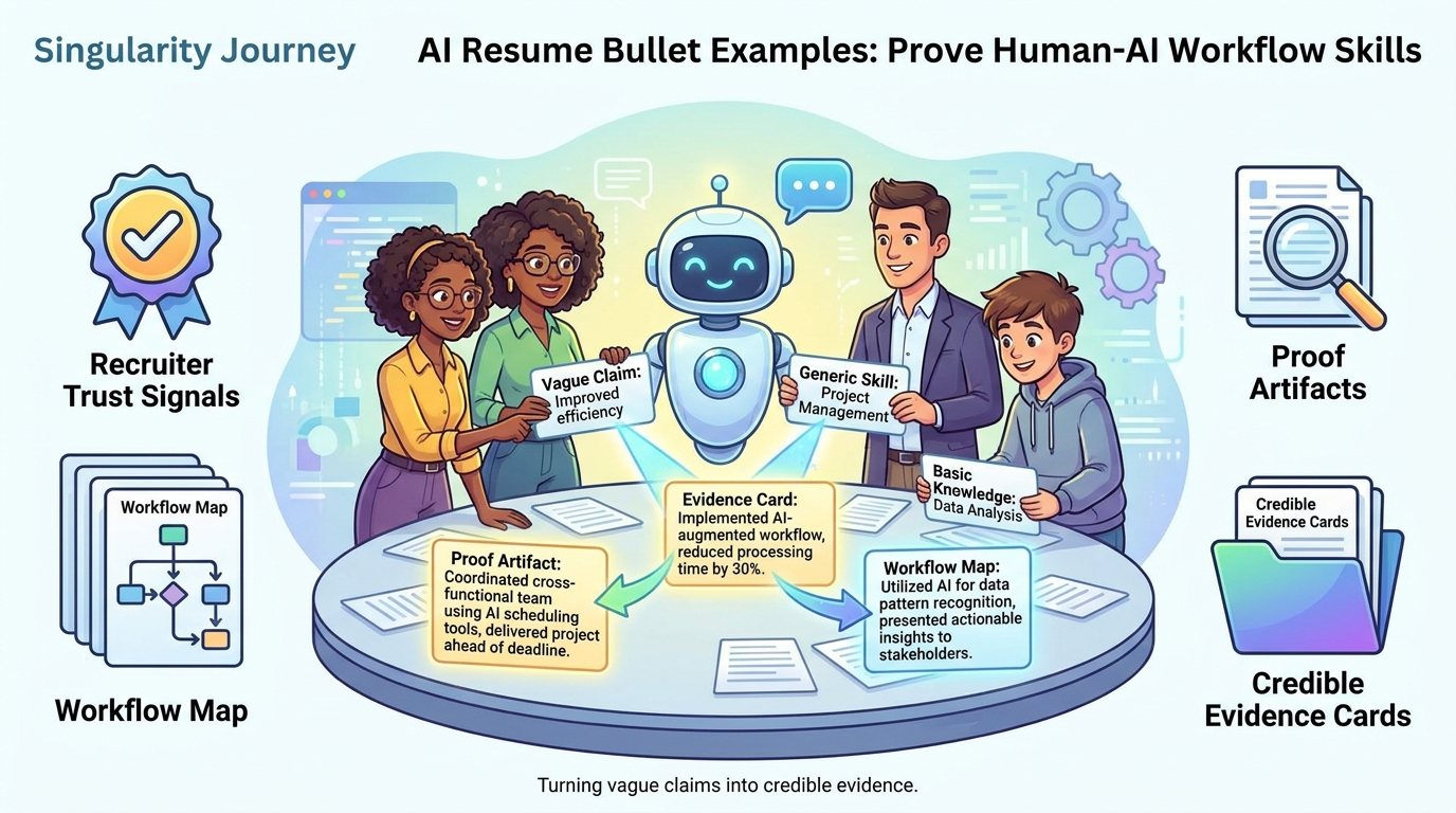 Cartoon professionals turning vague AI tool claims into credible resume evidence cards