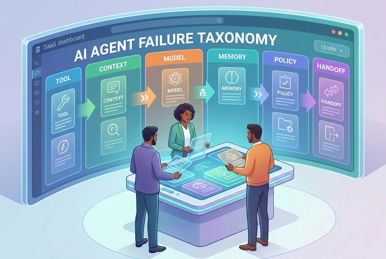 Cartoon engineers sorting AI agent failures into tool, context, model, memory, policy, and handoff categories on an observability dashboard