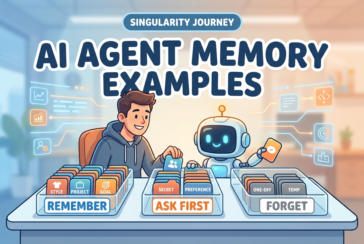 Cartoon-style human and AI assistant sorting memory cards into remember, ask first, and forget trays