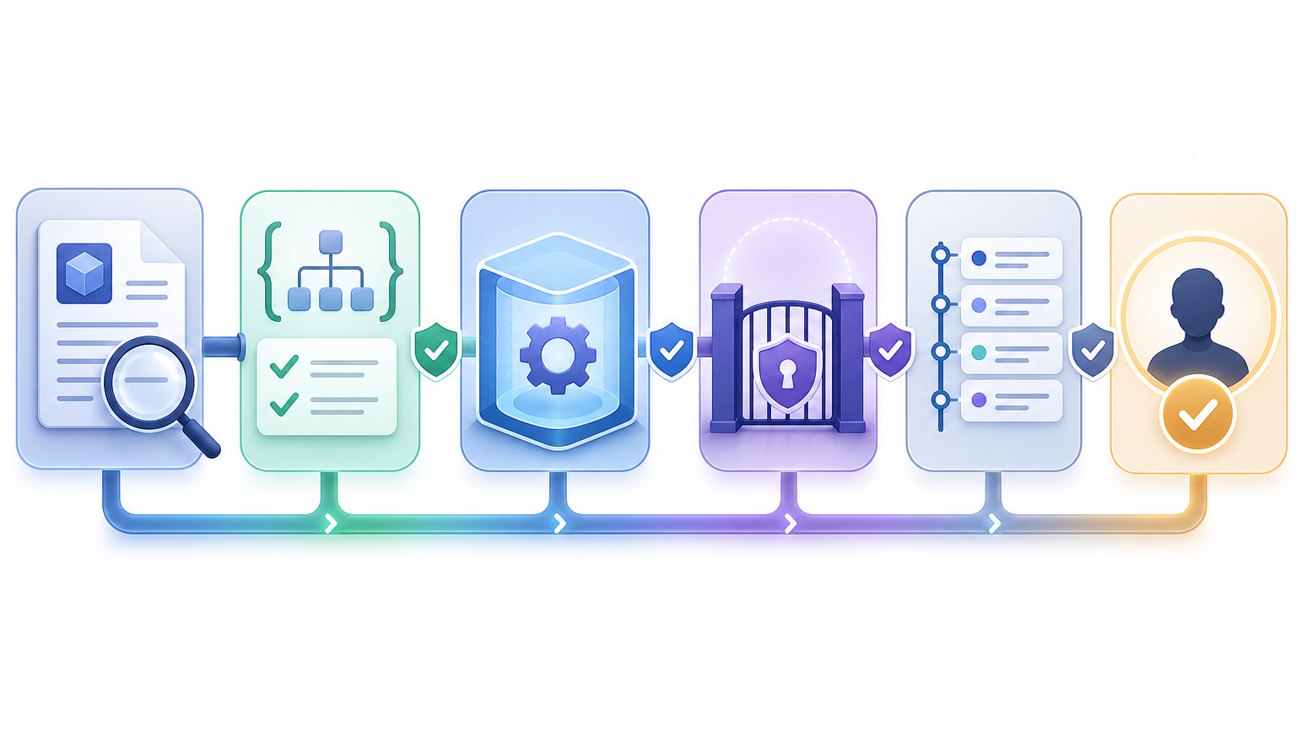 Workflow illustration showing metadata review, schema validation, sandboxing, permission boundaries, audit logs, and human approval gates for MCP tools