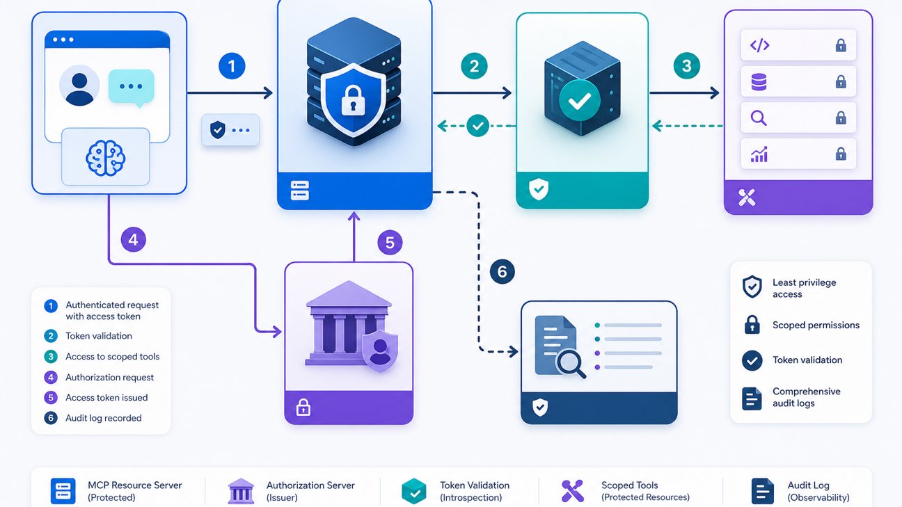 Architecture illustration showing MCP client, authorization server, protected MCP resource server, scoped tools, and audit log
