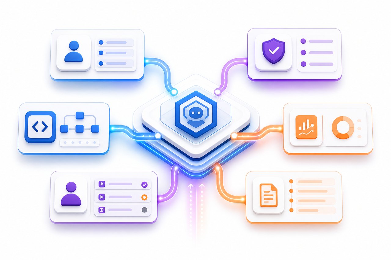 Clean AI agent control plane architecture with identity, permissions, observability, approval queue, and audit log blocks