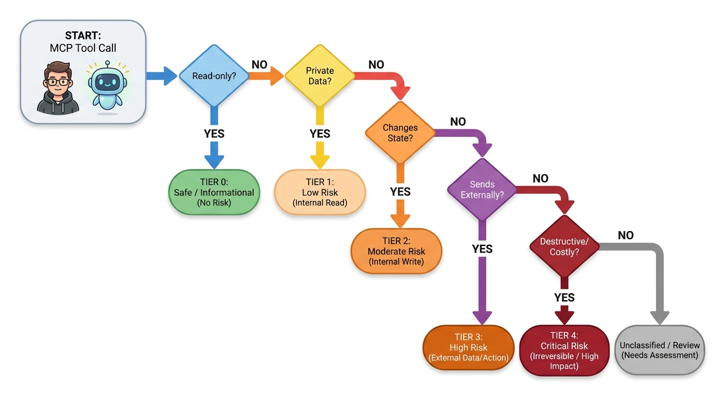 Decision flow for classifying MCP tools by read-only, private data, reversible write, external action, and destructive action