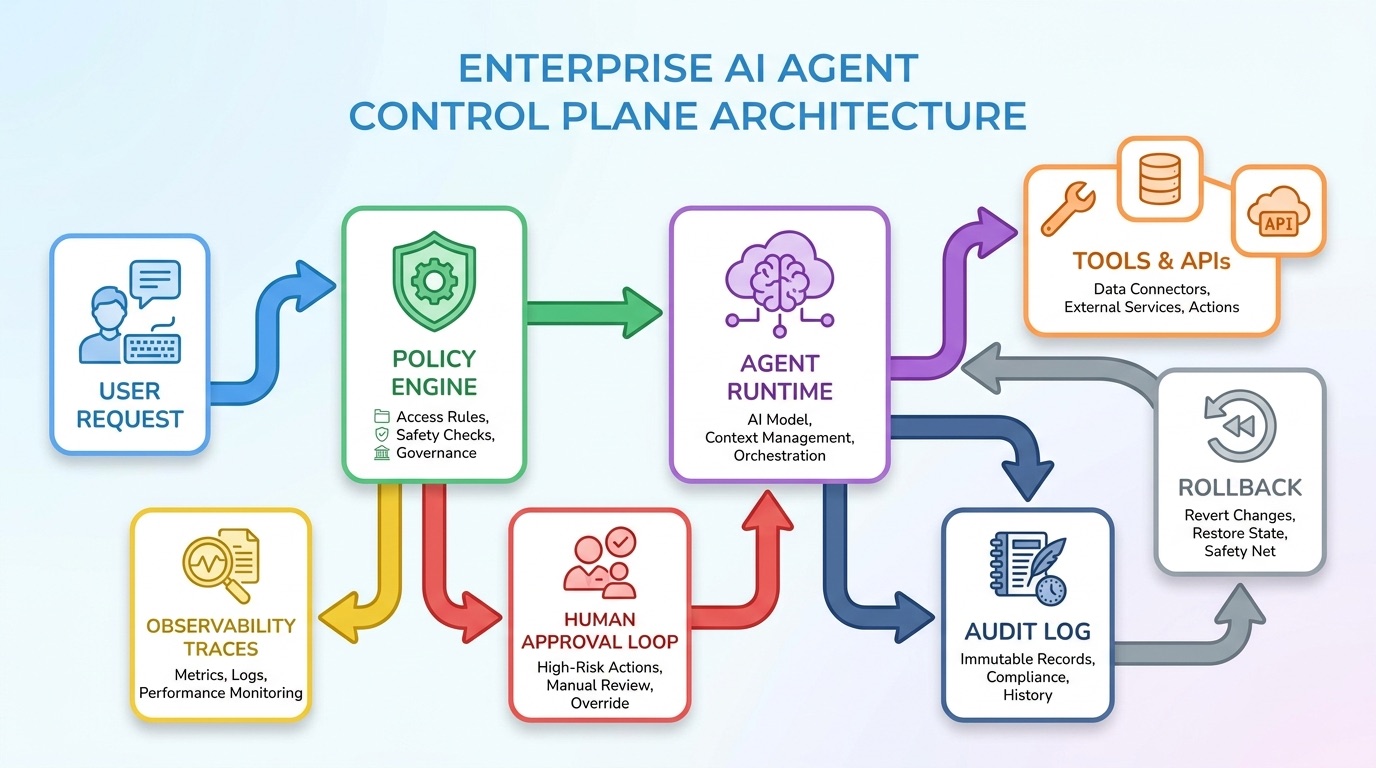 Flow diagram of enterprise AI agent control plane architecture with policy engine, runtime, tools, traces, approval loop, and audit log