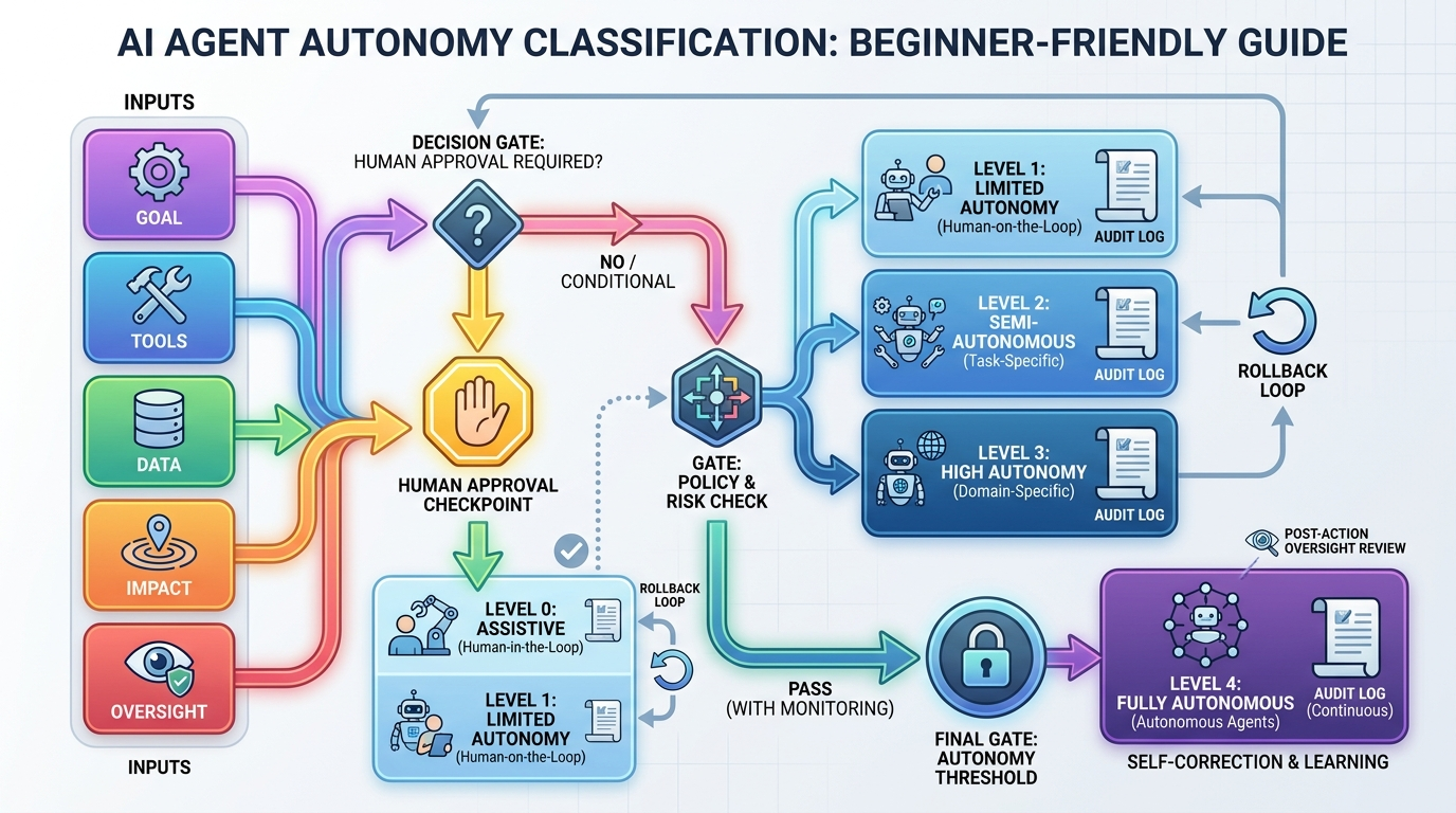 Flow diagram showing goal, tools, data, impact, and oversight as separate inputs to AI agent autonomy classification