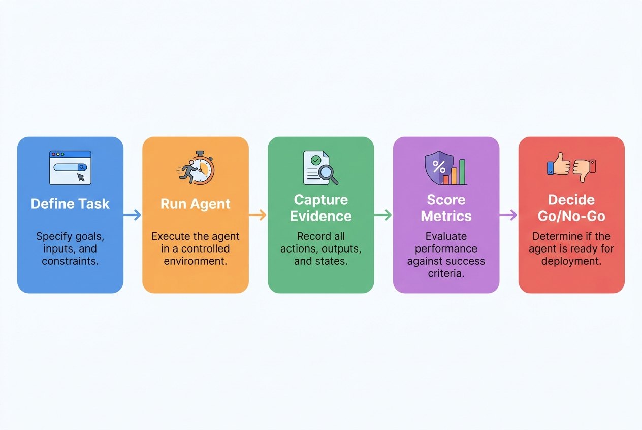 Flow diagram showing a browser agent reliability test loop from task definition to scoring and decision