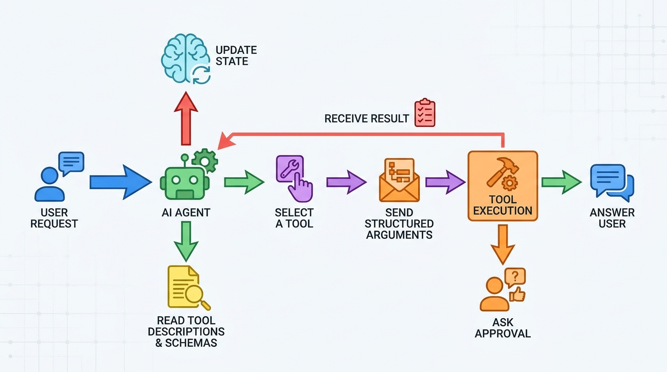 Flow diagram showing an AI agent reading tool context, selecting a tool, sending arguments, receiving a result, updating state, and choosing the next step