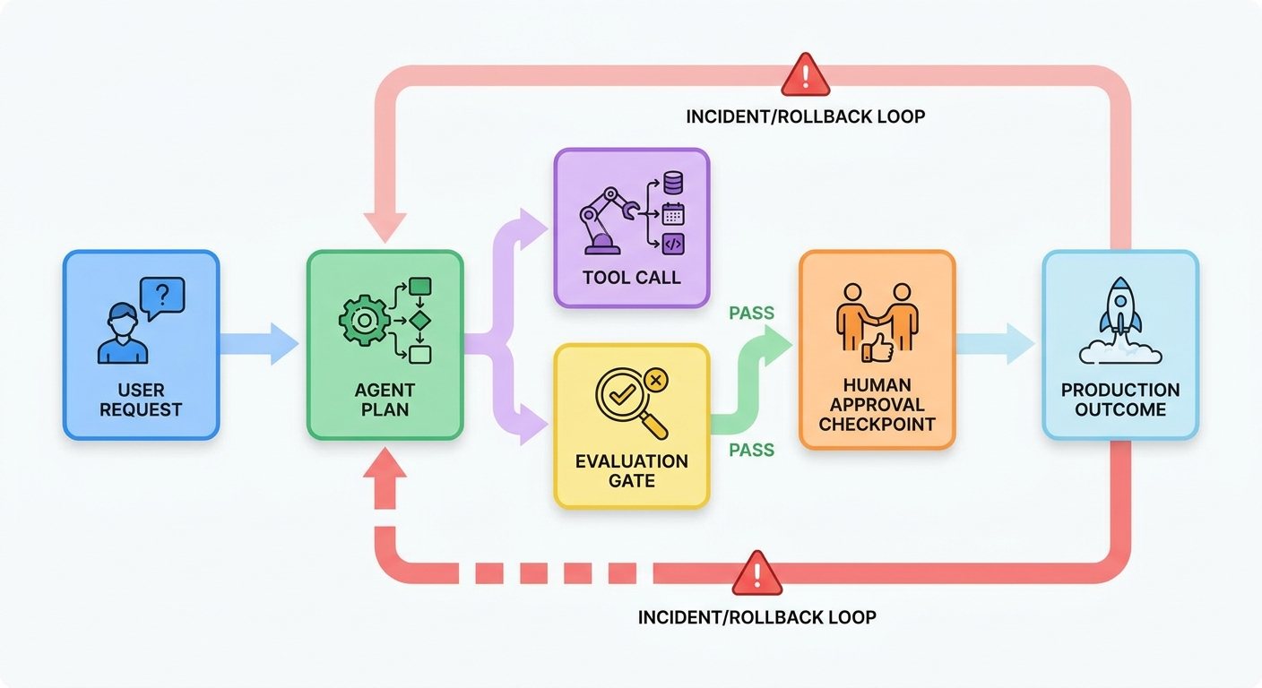 Colorful flow diagram showing enterprise AI agent metrics across success, tools, approvals, cost, incidents, and rollback