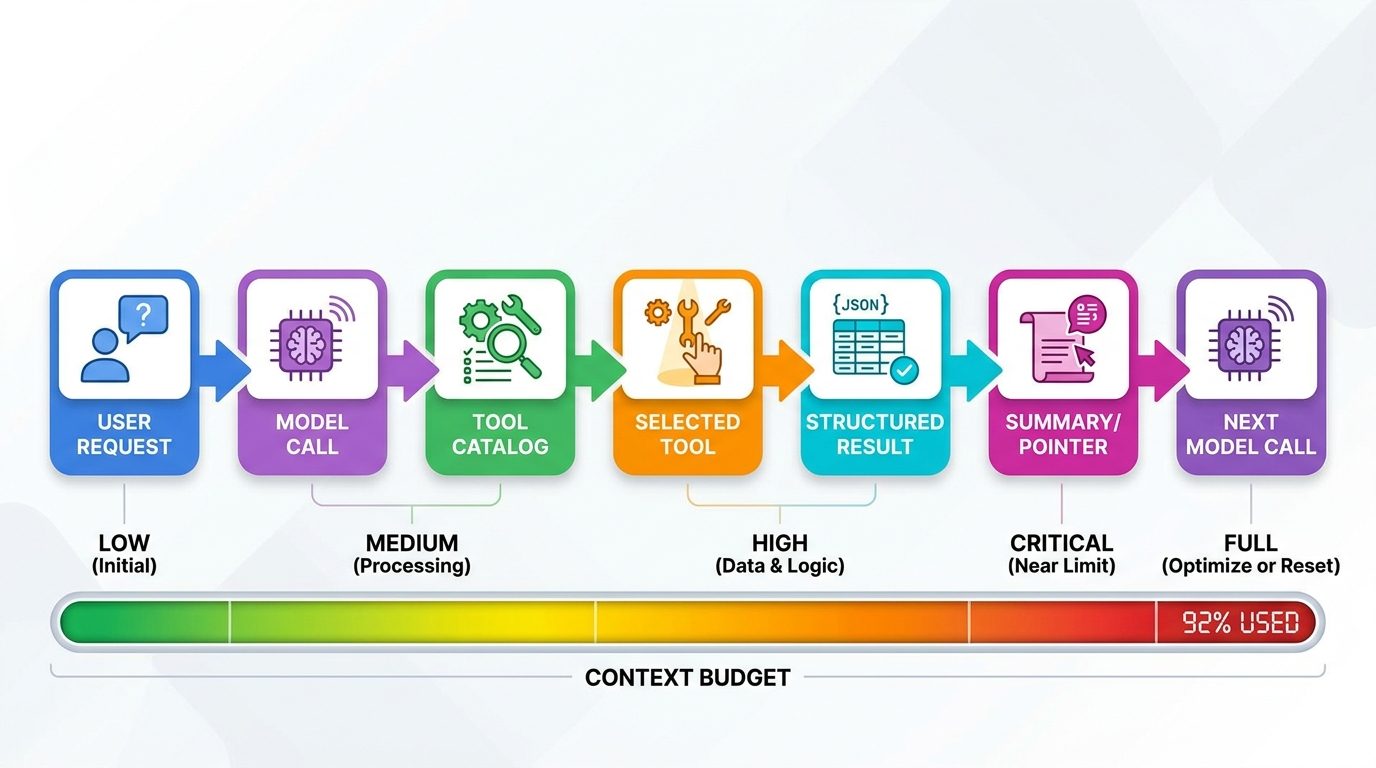 Flow diagram showing AI agent tool context from user request to model call, tool catalog, selected tool, structured result, summary pointer, and next model call